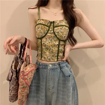 Women Summer Sexy Tank Top Floral Print Camisole Sweet Sleeveless Camis Vintage Crop Tops Patchwork Decoration INS Fashion Camis