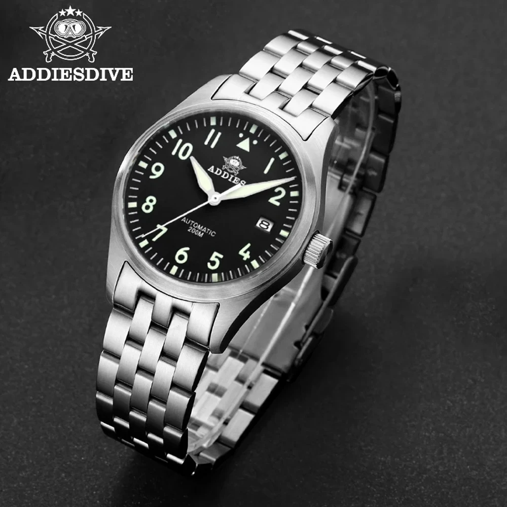 ADDIESDIVE Men's Sapphire Automatic NH35 Stainless Steel Pilot Diver Mechanical Watch Leather Luminous 200m