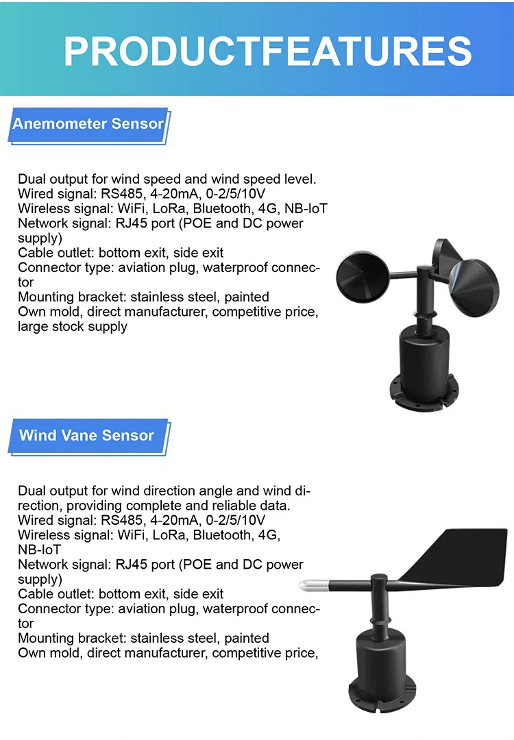 ZTS-3000 Wind Speed and Direction Sensor RS485 Cup Anemometer 4-20mA Output for