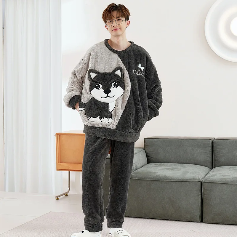 Winter Warm Long Sleeved Men's Pajamas Sets Loungewear Male Pajama Set Cartoon Sleepwear Suit Homewear Plus Size XXXXL