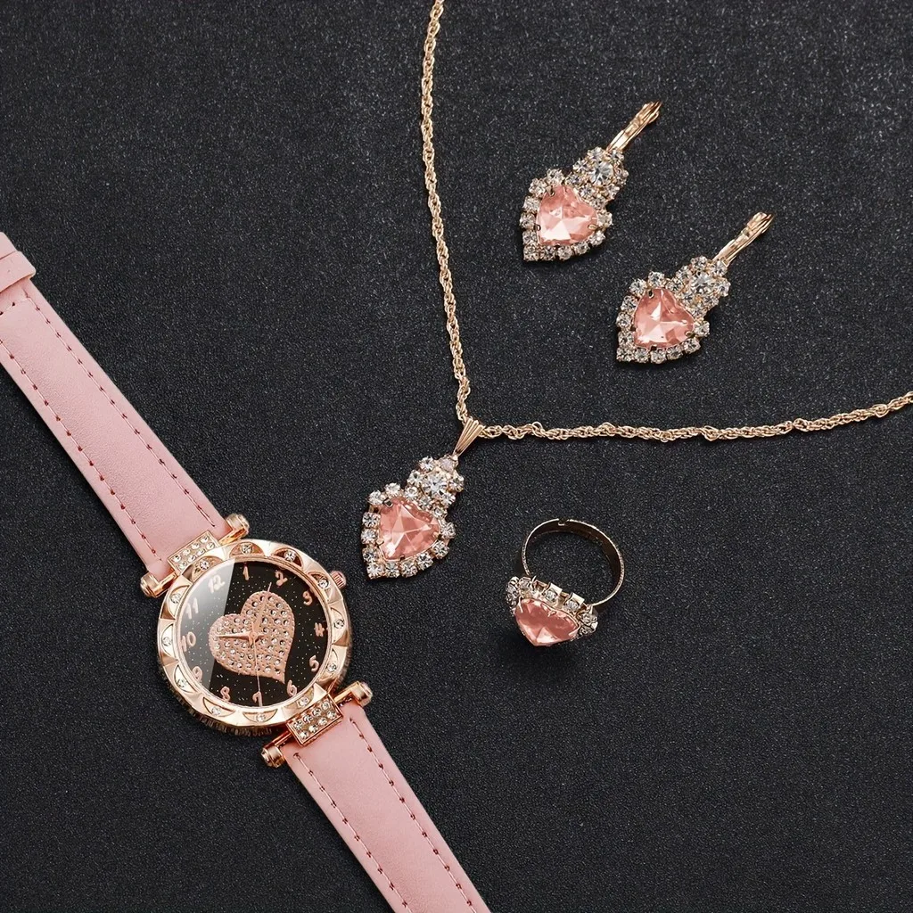 Kegllect 5PCS Women Quartz Watch Set for Gift Heart Shaped Rhinestone Accessories   Mother Her 3