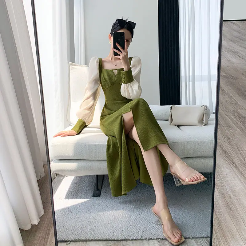 

High-end Temperament Goddess Green Dress Women's 2023 Spring Autumn Square Neck Commuting Waist Show Thin Design Long Skirt