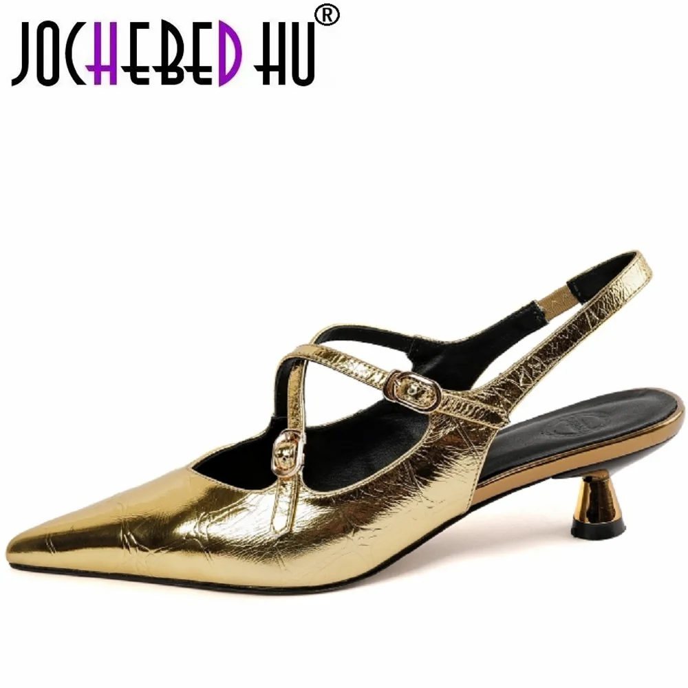 

【JOCHEBED HU】Woman Brand Genuine Leather Pumps French Style Mules Simple Elegant Heel Shoes Gold Silver Summer Sandals 33-40