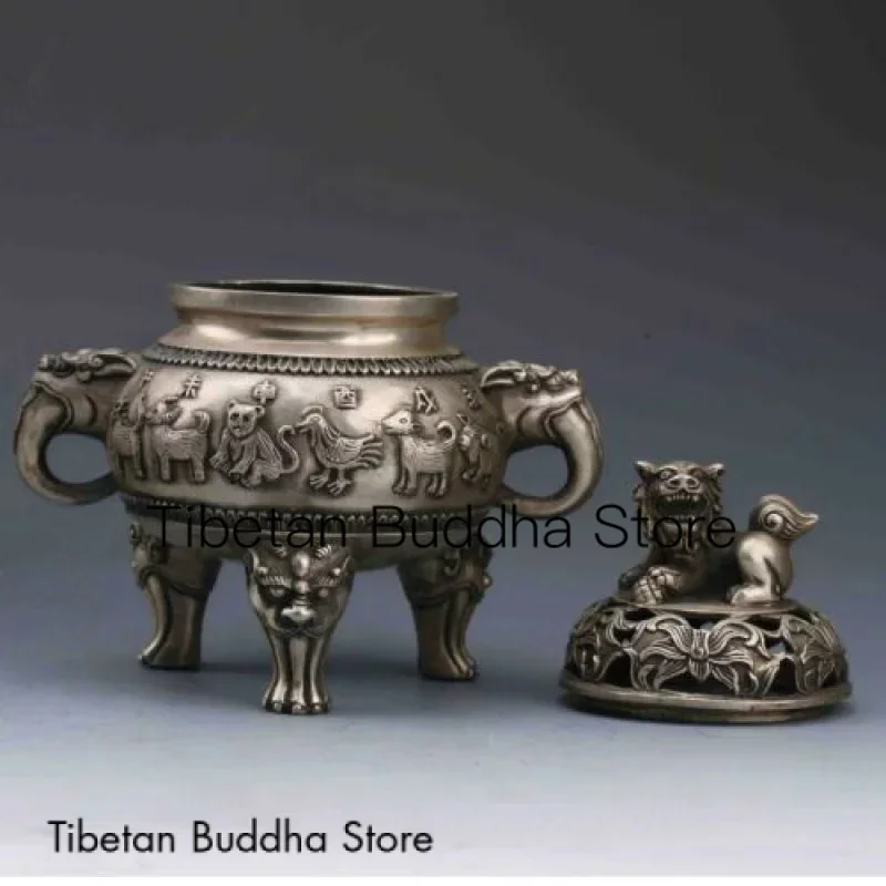 中国チベット香炉,白銅,銀,ライオンの蓋,qianlongマーク