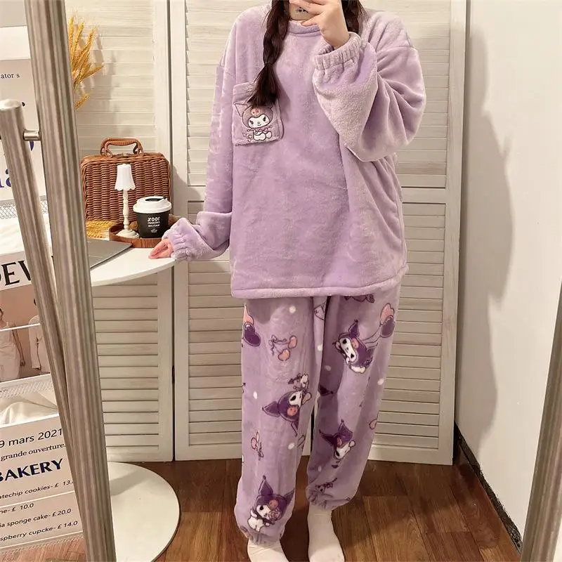 

Kawaii Y2K Sanrios Kuromi Cartoon Pajamas Cute Anime Nightwear Homewear Sleepwear Two Piece Set Coral Velvet Autumn Winter Suit