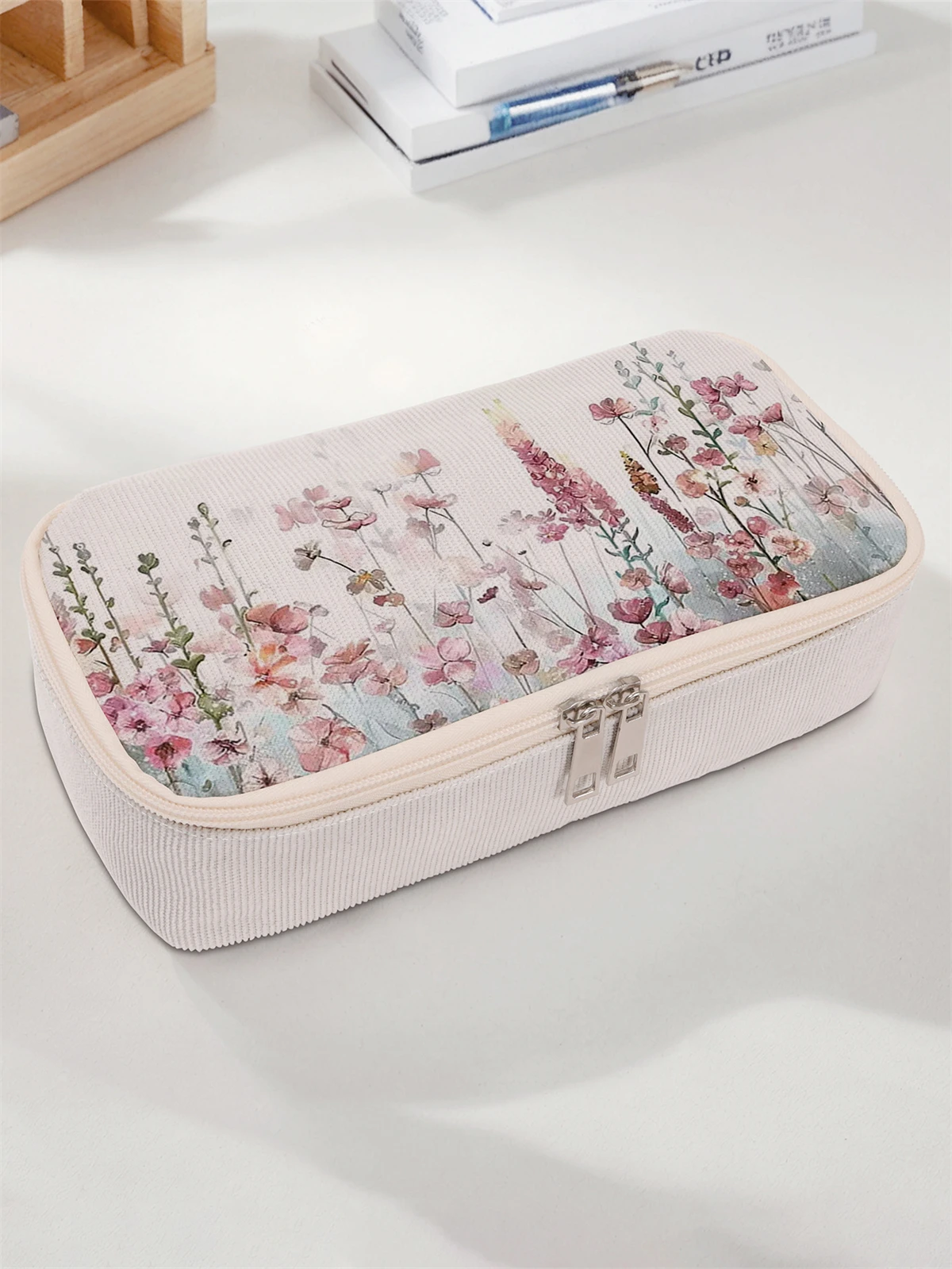Flower pattern printing large capacity pencil case, durable multifunctional storage bag, portable zipper storage box
