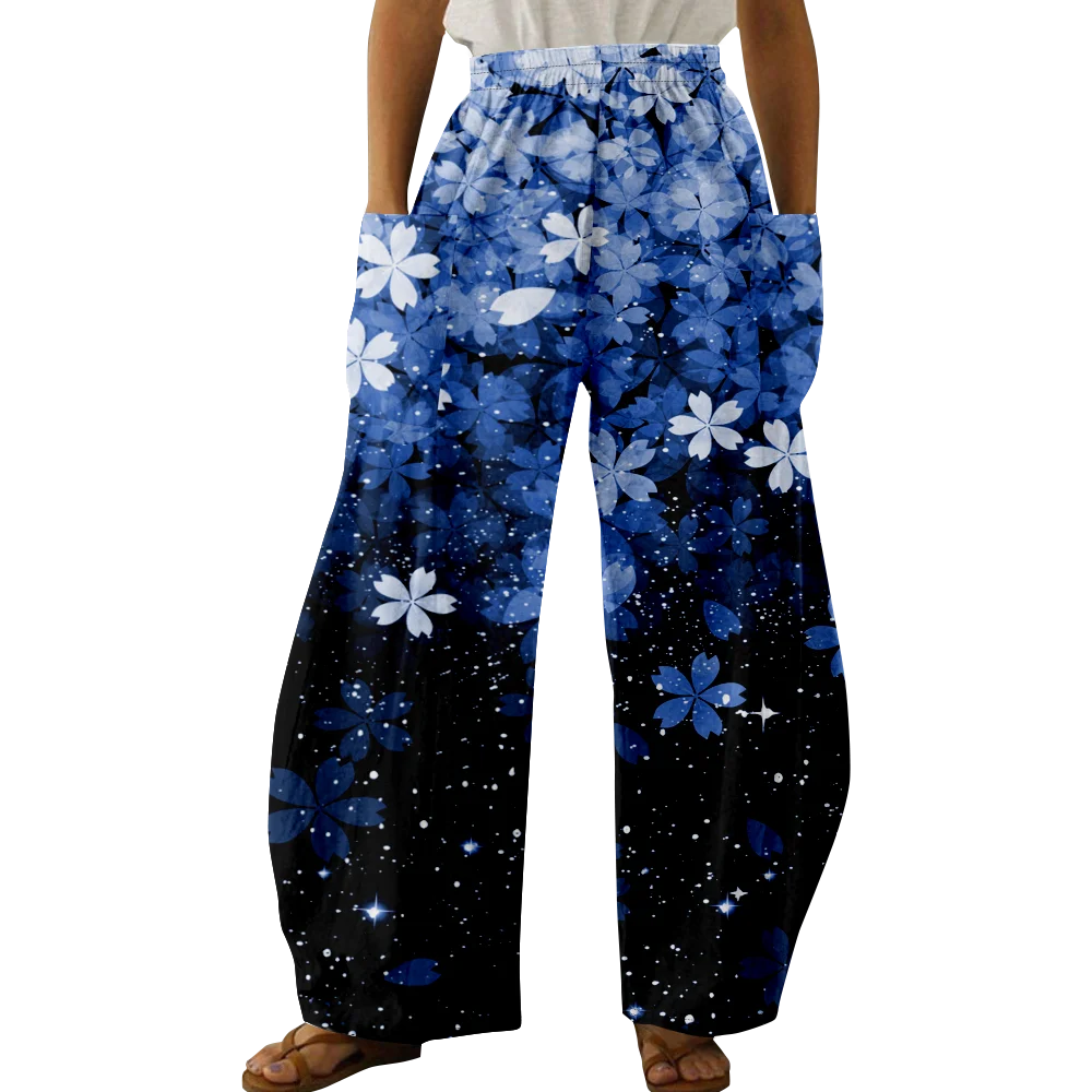 Spring Stylish Floral Pants Summer Casual Oversized Girls Y2K Trousers Women Pocket Trousers Wide Leg Pants Elegant Pantalon