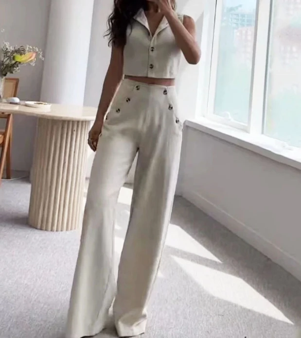 Women 2 Piece Set Outfit 2024 Temperament Turndown Collar Sleeveless Short Top and Button High Waisted Straight Leg Pants Set