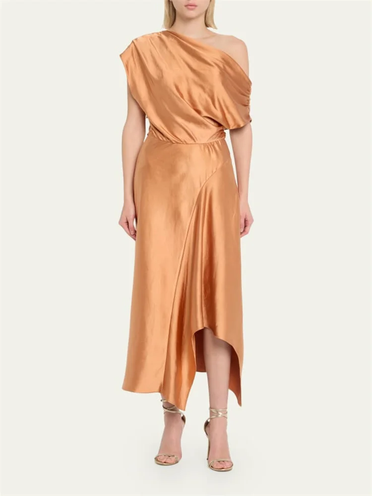 

New Arrival One-Shoulder Neckline Short Sleeve A-Line Evening Dress Elegant Side Zipper Hem Falls Below The Knee Gown For Women