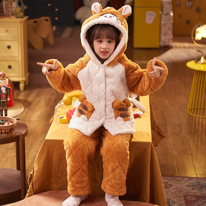 

Winter Children Coral Fleece Tops+Pants Pajamas Set Flannel New Sweet Warm Thickened Fleece Hooded Kids Home Clothing