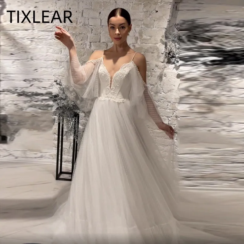 

TIXLEAR Ivory A-LINE V-neck Sweep Train Tulle Pastrol Wedding Dress 2023 Elegant vestido de noiva brautkleider robe de mariée