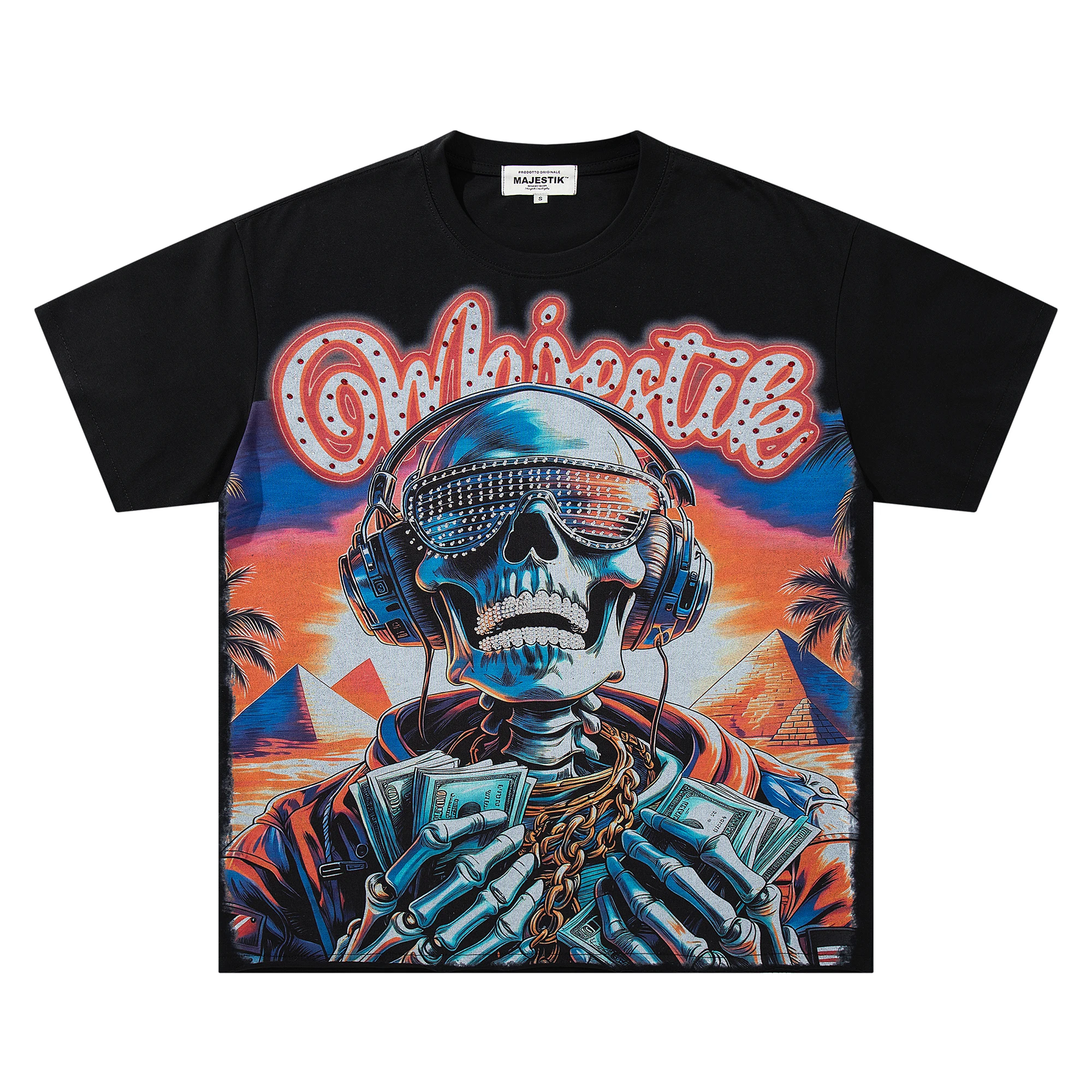 Herren-T-Shirt mit Strass-Totenkopf-Grafik, Hip-Hop-DJ-Skelett-Print, Y2K-Streetwear, Oversize-Baumwoll-Oberteil, Unisex-Sommer-T-Shirt