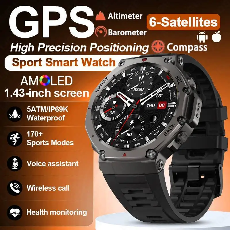 GPS Smart Watch Men 5ATM IP69K Waterproof Built-in Dual-band GNSS Compass Altimeter Barometric Military Sport Smartwatch smart watch