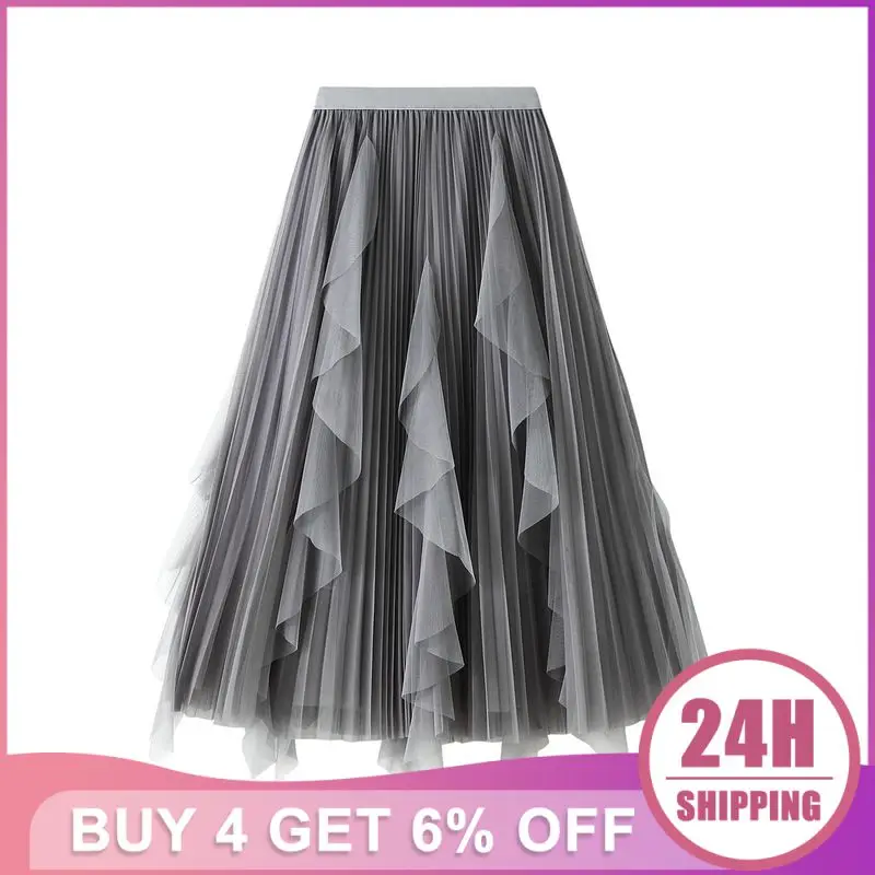 

Elegant Yarn Skirt Casual Pleatedskirt Summer New High Waist Ruffled Stitching Mesh Dress Women's Ankle Length Pleated Skirt