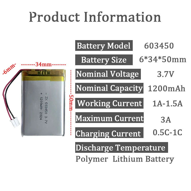 603450 3.7V 1200mAh Lithium Polymer LiPo Rechargeable Battery jst PH 2.0mm 2pin plug MP3 Laptop PC Camera GPS navigator