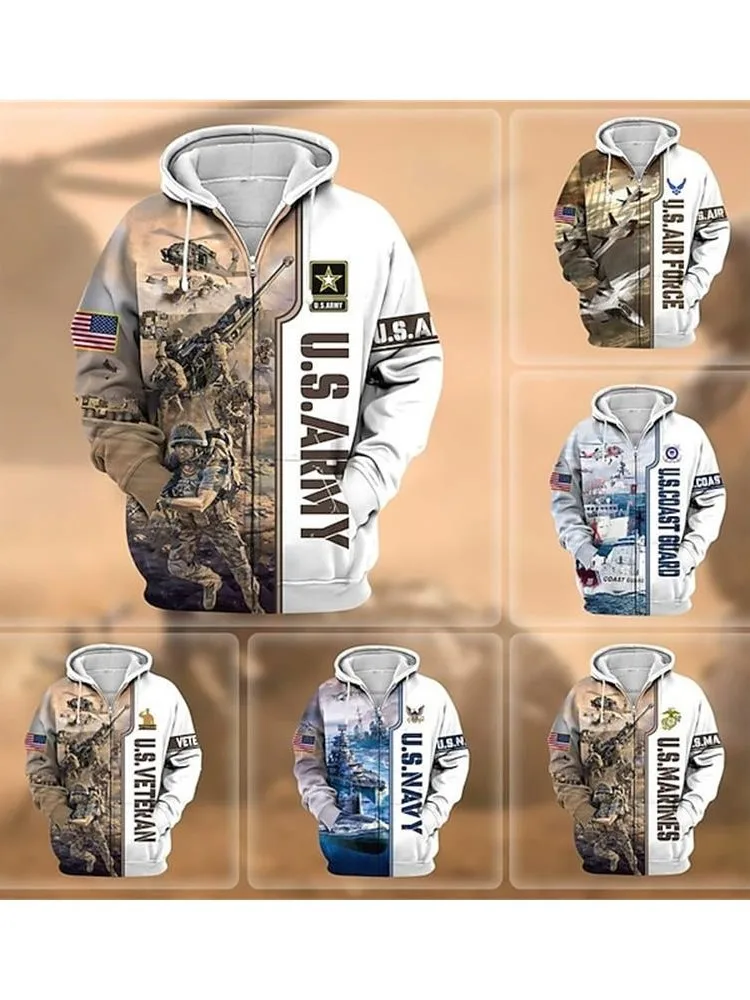 3D 메모리얼 데이 공군 프린팅 집업 후디, 미 육군 베테란 그래픽 집업 후디, 아이 패션 스트리트웨어, 맨투맨 후디 