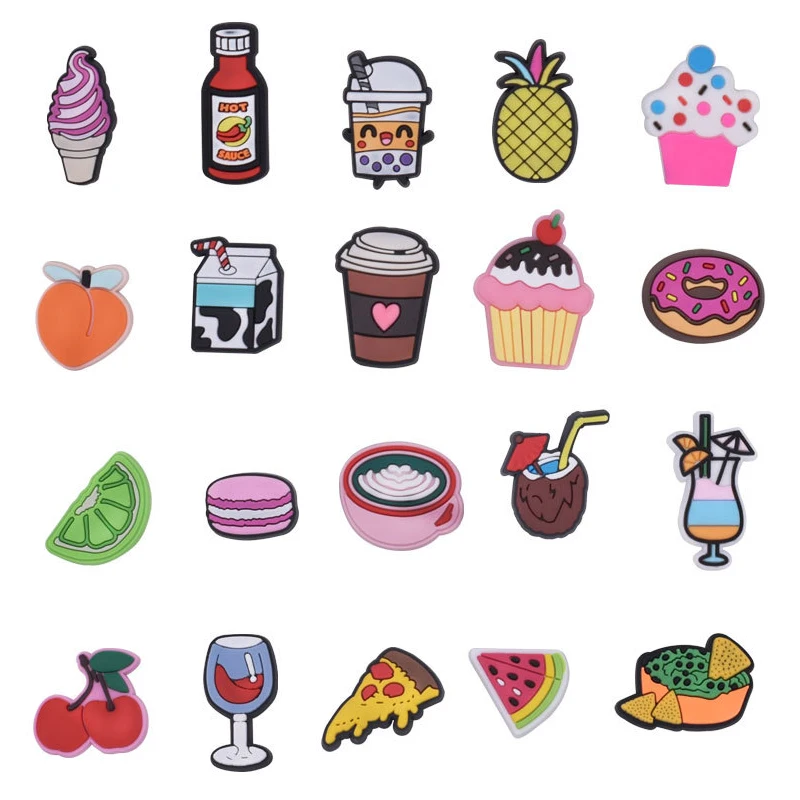 

Hot Sale 1 Pcs Food Drinks Pvc Shoe Charms Pin for Croc Accessories DIY Shoe Bracelet Wristband Kids Adult Party Favor Gifts