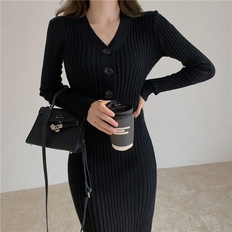 Solid-Color-Sheath-V-neck-Buttons-High-Waist-Ladies-Elegant-New ...