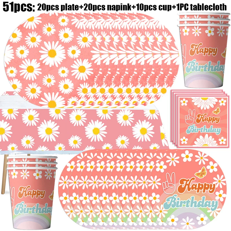 Daisy Party Decoration Pink Tablecloth Daisies Birthday Paper Plate Napinks Cup Tableware Backgroun Banner Balloons Surprise Kit