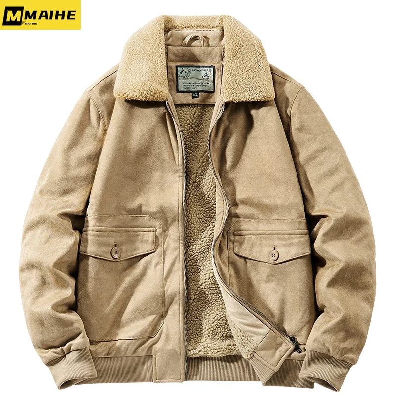 2023 New men's Winter jacket lapel Tactical buckskin wool Thermal Bomber Jacket Casual men's green vintage army green hunting co
