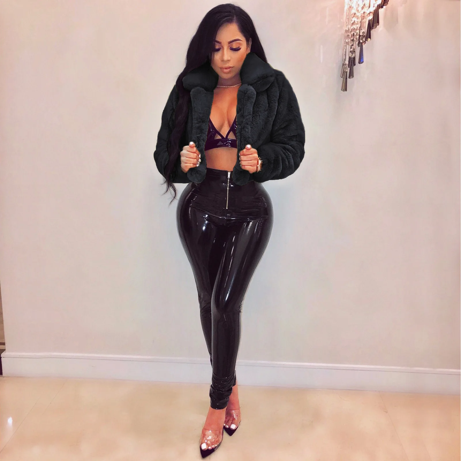 2023 New Green Short Faux Fur Coats Korean Casual Plush Coat Women Stand Collar Overcoats Winter Chic Thicken Warm Furry Jackets