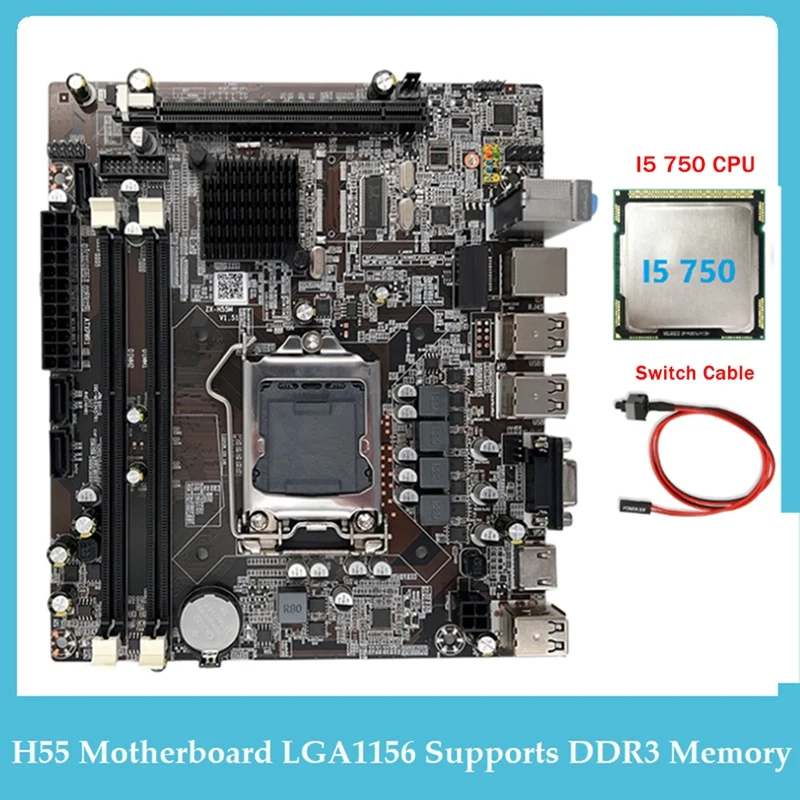 

H55 Computer Motherboard Desktop Motherboard LGA1156 Supports I3 530 I5 760 Series CPU DDR3 Memory +I5 750 CPU+Switch Cable