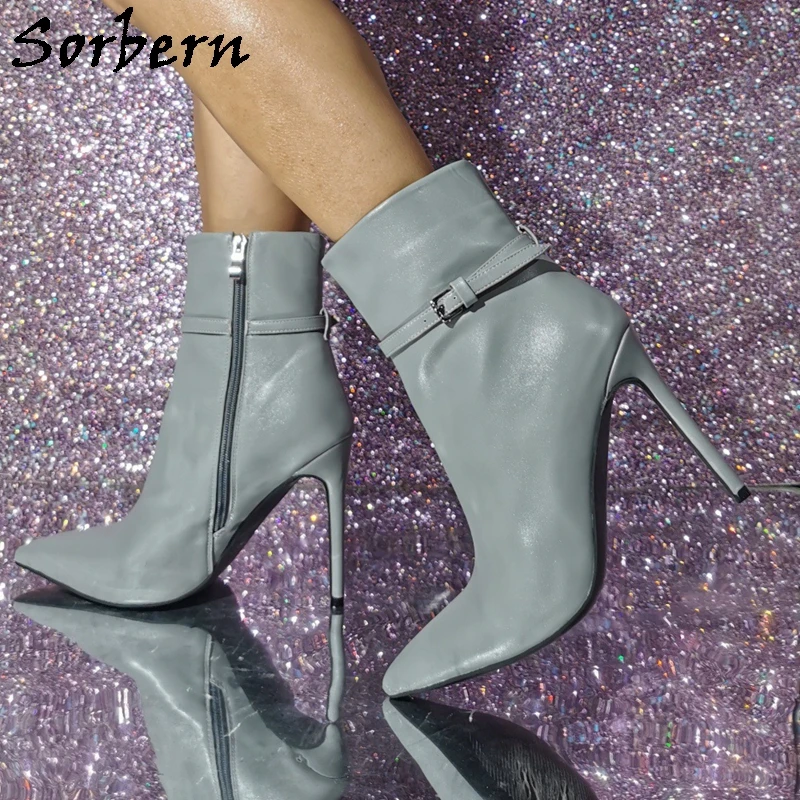 

Sorbern Pale Grey Blue Women Boots Ankle High Short Booties Pu Matte 12Cm High Heel Stilettos Pointed Toe Daily Footwear