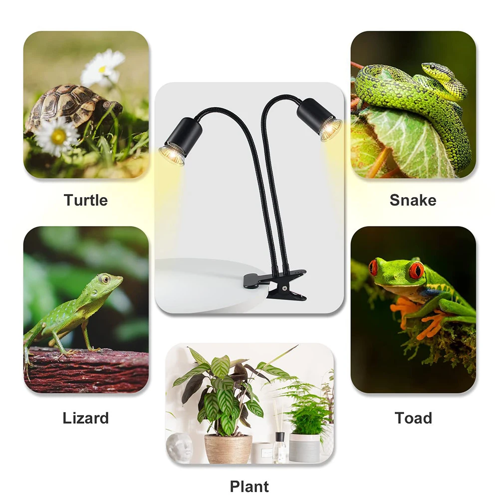 Reptile Heating Lamp Reptile Heat Lamp Rotating Double-Head Reptile Light Bracket UVA/UVB Bulb 25W/50W/75W for Turtle Lizards Snake Plants
