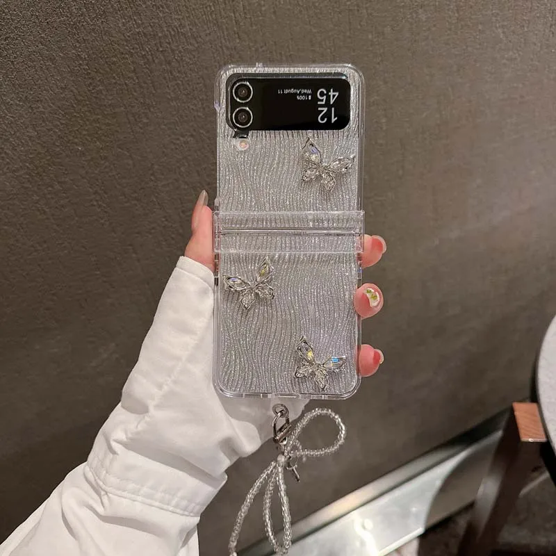 3D Shinny Butterfly Wrist Strap Phone Case for Samsung Galaxy Z Flip 6 5 4 3 Protective Cover for Z Flip6 Flip5 Flip4 Flip3 Capa_voghion.com