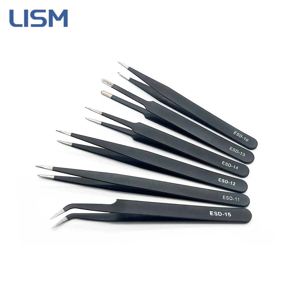 6 Pcs Safe Precision Tweezer Set Antistatic Tweezers Anti-static ESD Stainless Curved Straight Tweezers Maintenance Tool