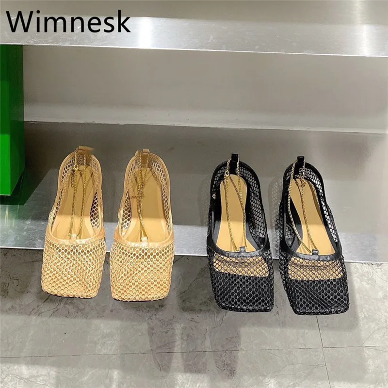 

Summer New Ladies Mesh Sandals Flats See-through Net Shoes Runway Designer Square Toe Metal Chain Woman Comfort Sandals 2023