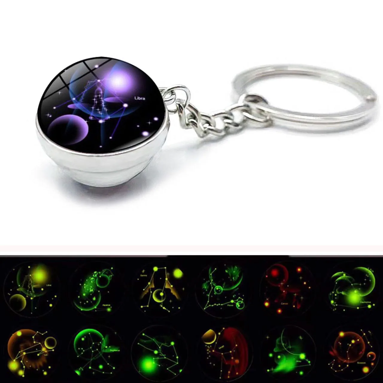 12 Constellation Key Ring Chain Starry Sky Keychain Stone Glass Luminous Pendant 