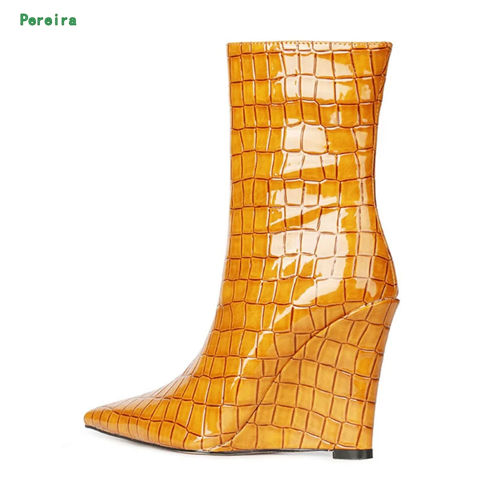 

Yellow Wedge Women's Boots 2024 Spring New Arrival Pointed Toe Stone Pattern Party Feshion Catwalk Shoes for Free Shipping