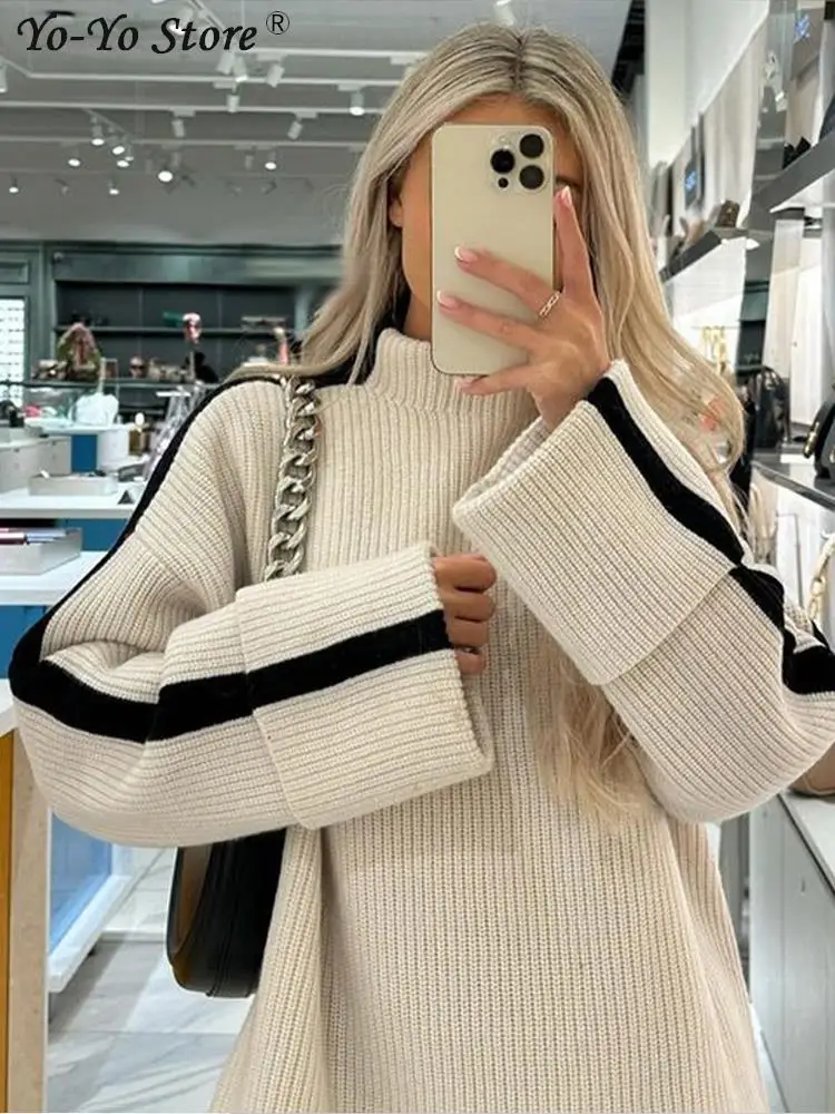 

Turtleneck Sweaters Female Autumn Winter Casual Thick Knitwear Contract Stripe Knitted Sweater Pullover Women Loose Long Sleeve