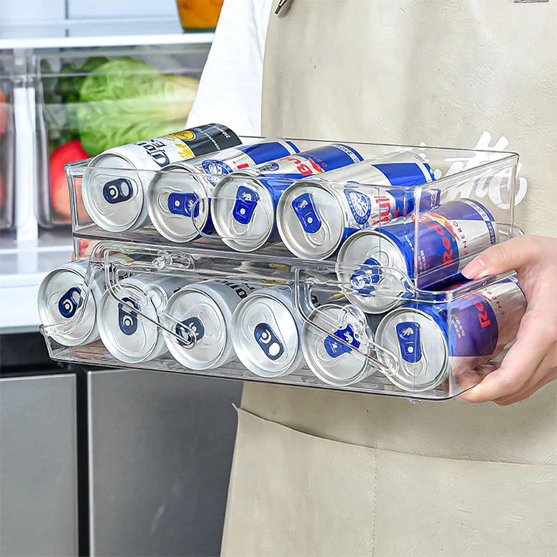 

Double Foldable Refrigerator Can Beverage Rack Artifact Auto Rolling Dispenser Kitchen Organizer Beer Cola Storage Holder Box