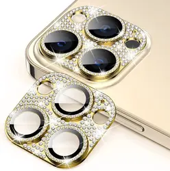 GlamourShield: Sparkling Rhinestone Camera Lens Protector Glass - iPhone 15 (Golden)