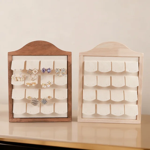 87757-f16e58.jpg 1 pièce Présentoir à bijoux en bois pour boucles d'oreilles, bagues et cadres photo, avec plateau de rangement en velours, accessoires de présentation pour comptoir de magasin