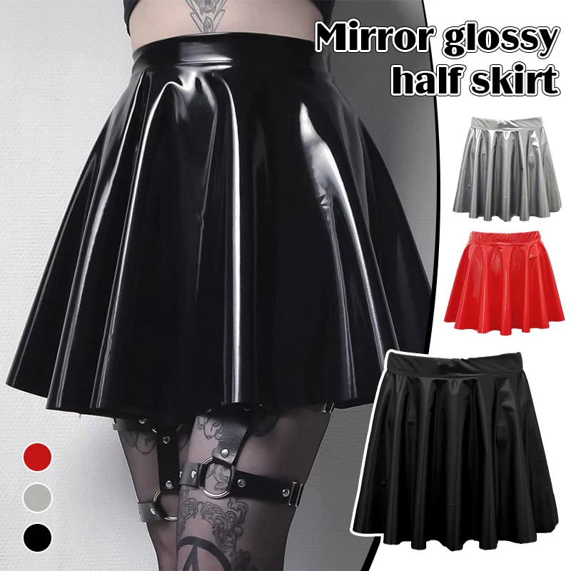 

Women Mirror Bright PVC Leather Pleated Skirts Faux Latex Daily Dance Holographic JK Wet Look Skirt Party Clubwear