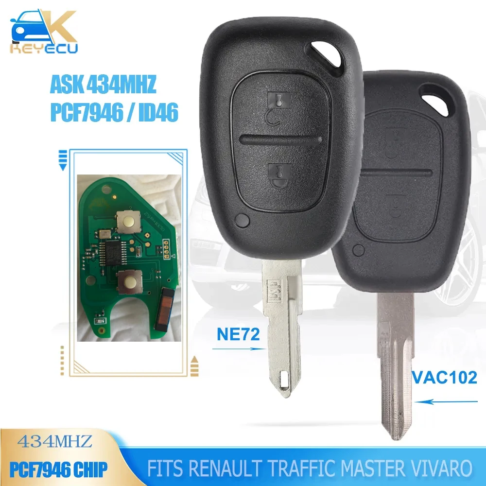 KEYECU 433MHz PCF7946-ID46, чип, 2 кнопки, для Renault автомобильный брелок дистанционного управления с ключом Vivaro Movano Kangoo 2003-2013