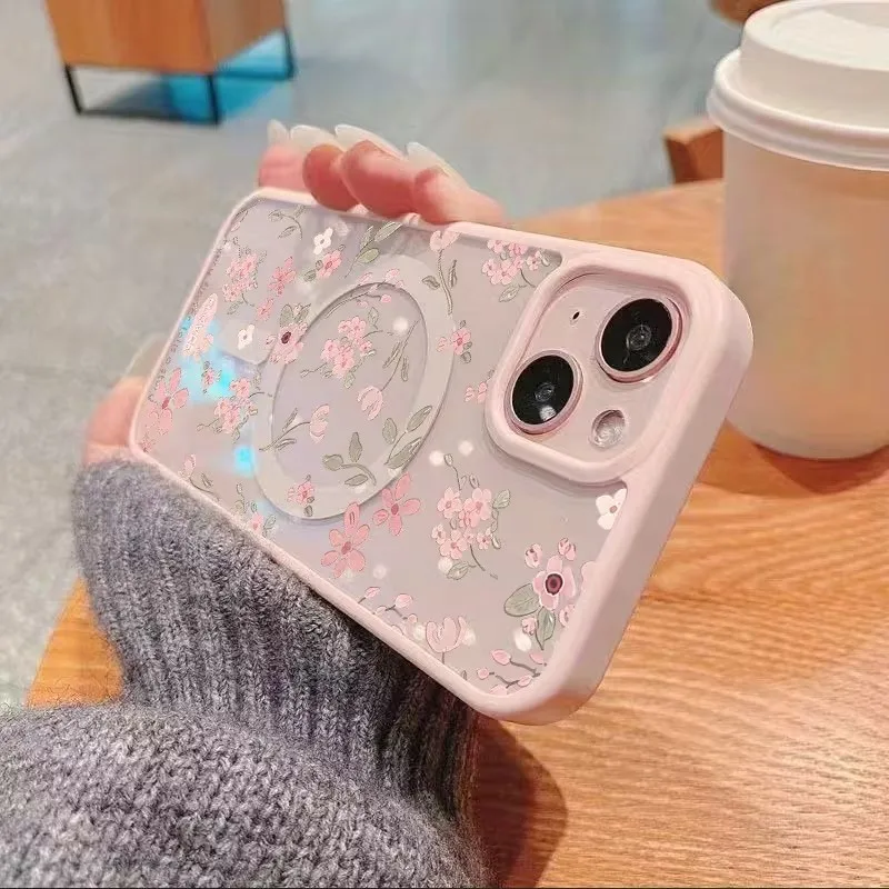 Elegant Pink Flower Magnetic Wireless Charging Case Cover