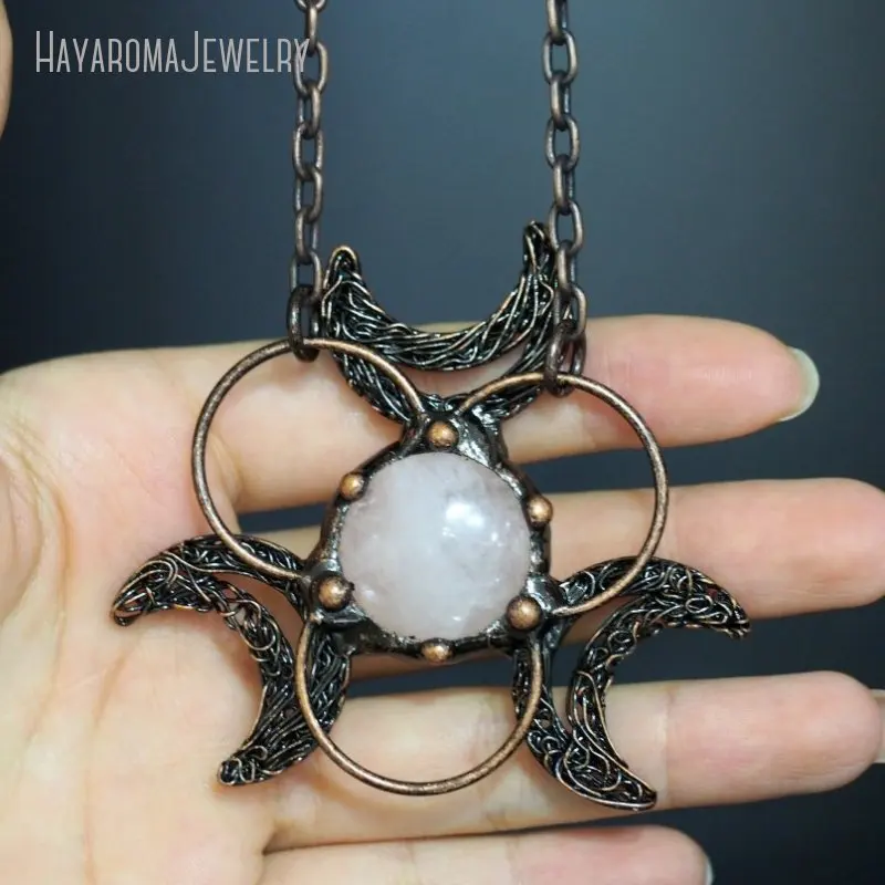 

10Pcs Vintage Boho Witch Wiccan Jewelry Handmade Crescent Moon Biohazard Sign Antique Bronze Clear Quartz Crystal Necklace