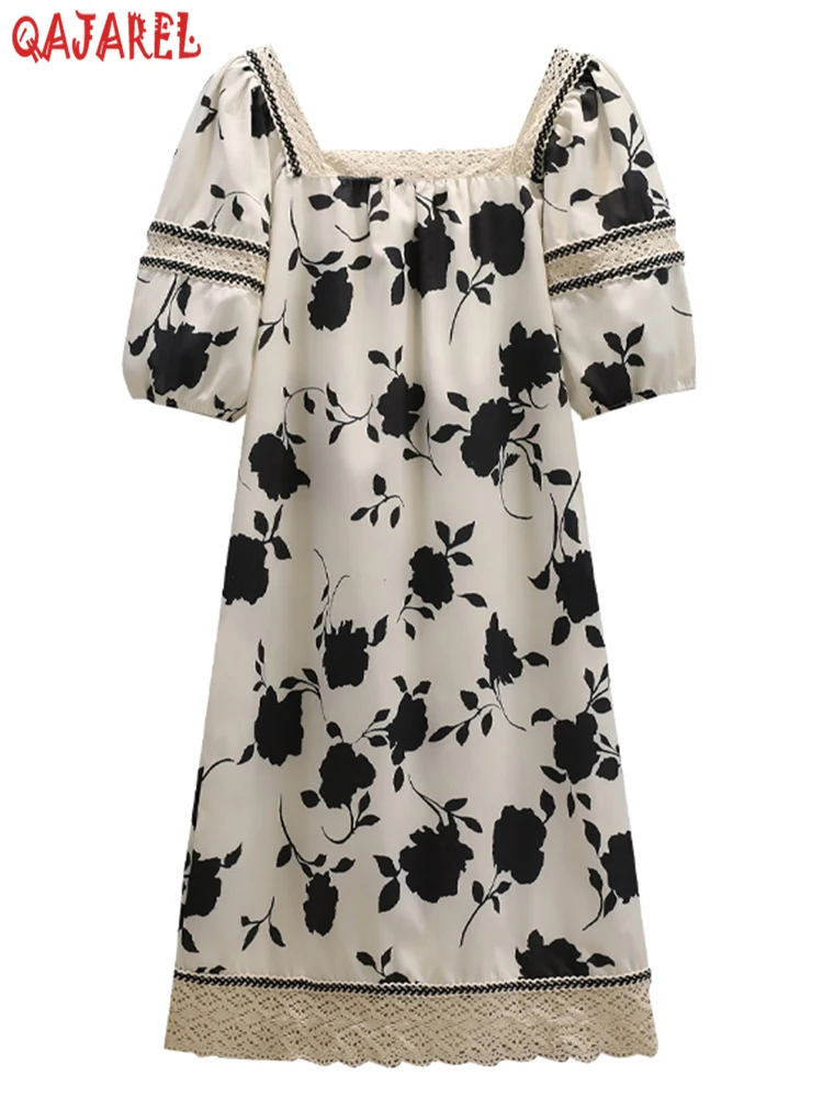 

Women Fashion Loose Lace Patchwork Square Collar Midi Dress 2024 Summer New Chiffon Elegant Casual Dress Floral Print Chic Dress
