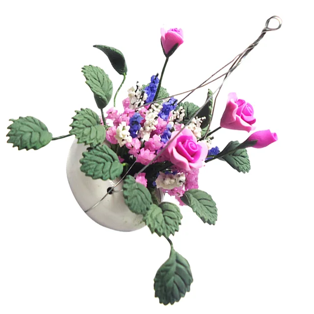 1PC 1/12 Mini House Potting Adornment Mini Rose Hanging Basket Flower Arrangement Model for Home Decor (Pink+Green) 5