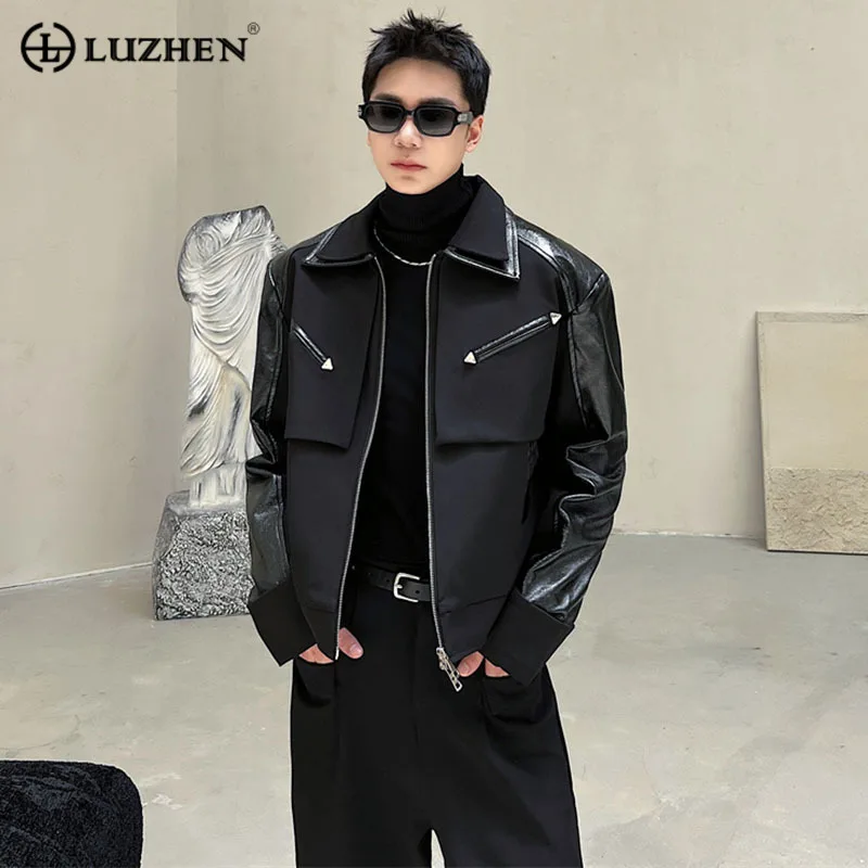 

LUZHEN 2024 Весенняя Оригинальная дизайнерская короткая куртка с кожаным рукавом, Мужская модная куртка на молнии в Корейском стиле 97e16b
