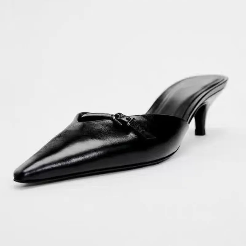 Women Slingbacks Sandals summer Pointed Toe Chic Buckle Black Party High Heels Lady Mules Shoes