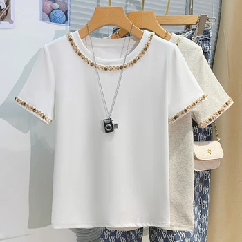 2025 النساء تي شيرت قصيرة الأكمام تيز عادية جديدة بلوزات بيضاء المرأة المحملة التطريز موضة السيدات تي شيرتات قطن المرأة تيز القمم 2