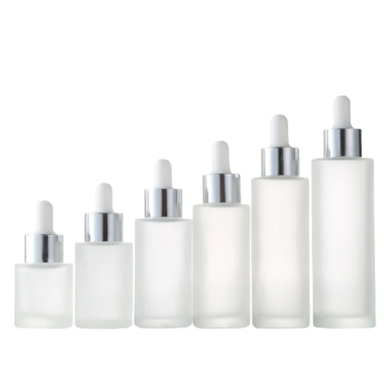 

Empty Bottle Essential Oil Dropper Flat Shoulder Silver Lid Serum Drop Vials 20/30/40/60/80/100ml Frosted Glass Dropper Bottles