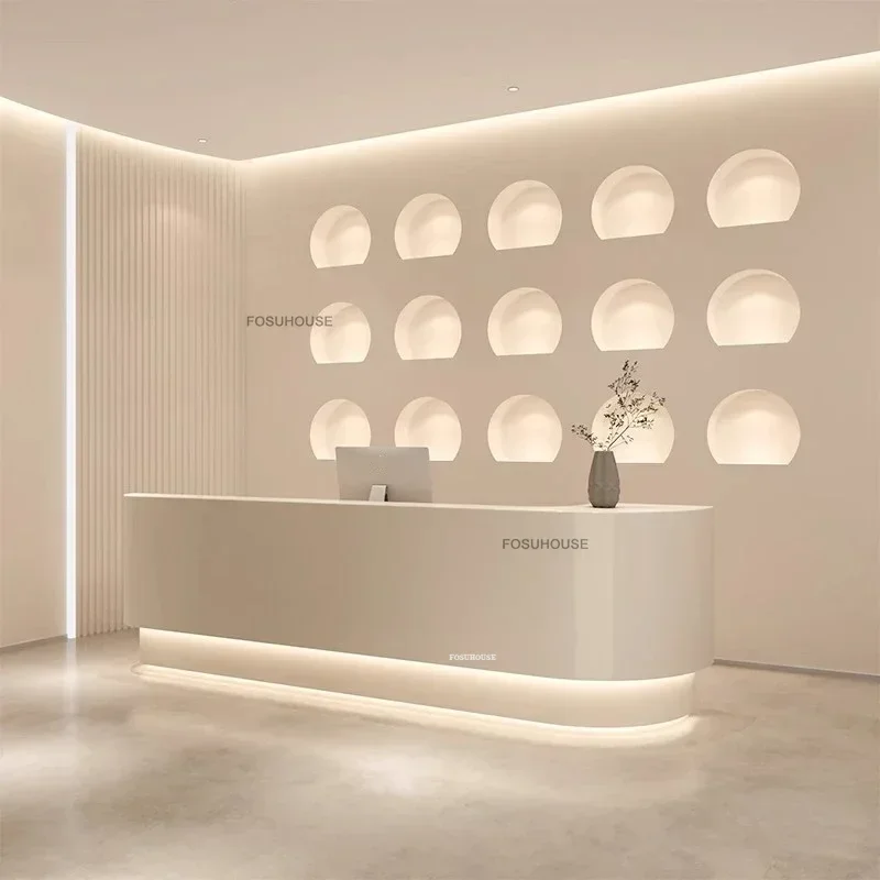 Nordic Curved Paint Reception Desks Wooden Cashier Modern Office Furniture Company Bar Front Desk Beauty Salon Reception Counter