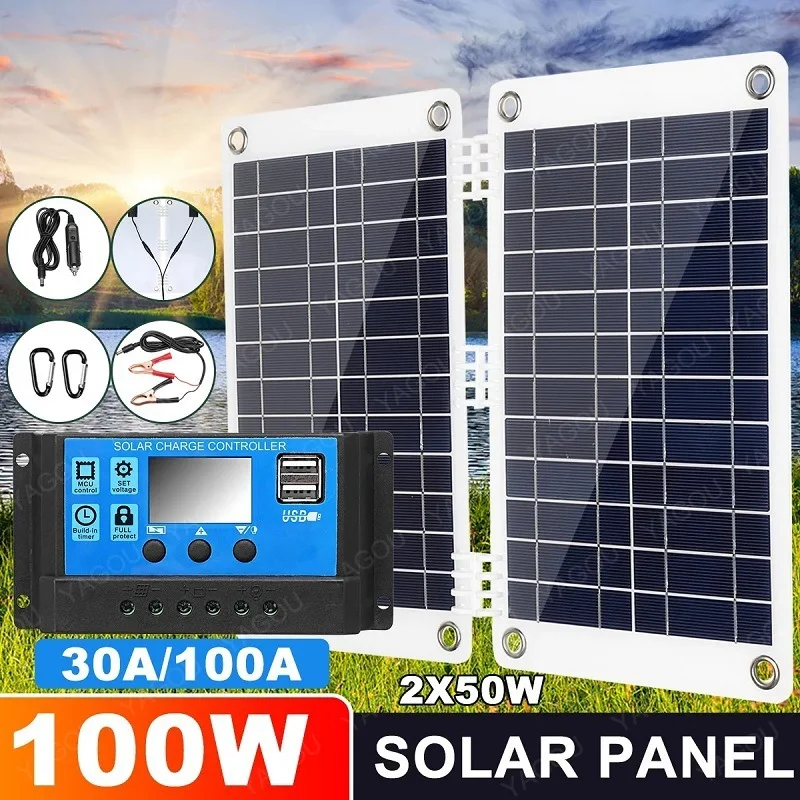 100W Folding Solar Panel Set Complete Flexible Plate 12V Outdoor Solar Cell Safe Charging Kit for Motor Car RV Battery Healthy