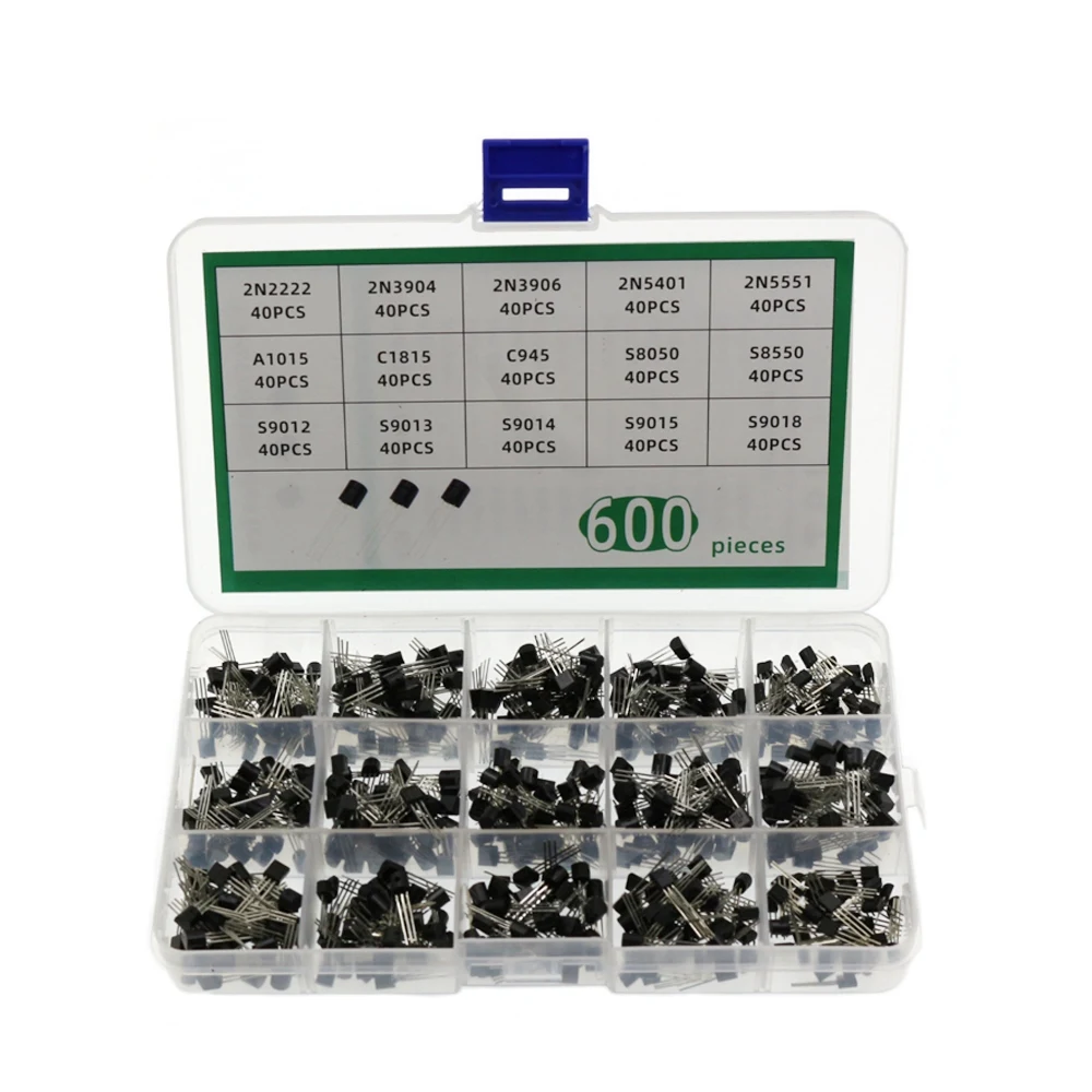 

TO-92 Transistor 15 Values 600Pcs NPN PNP Kit Set 30-160V 50-1000MA A1015/C945 S8050/S9013/S9014/S9015/S9018 2N2222/3904